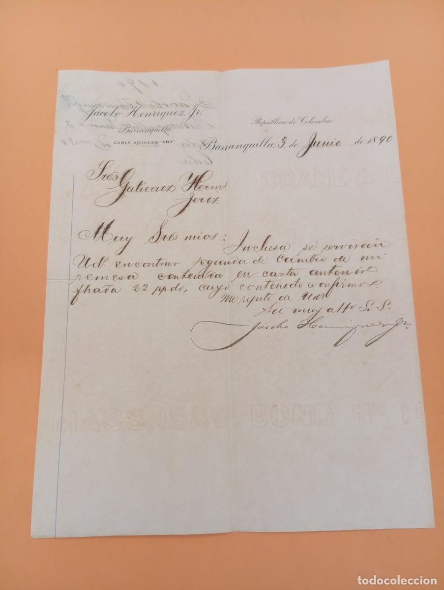 Cartas comerciales: CARTA COMERCIAL. BARRANQUILLA, COLOMBIA. 1890. JACOBO HENRIQUEZ.