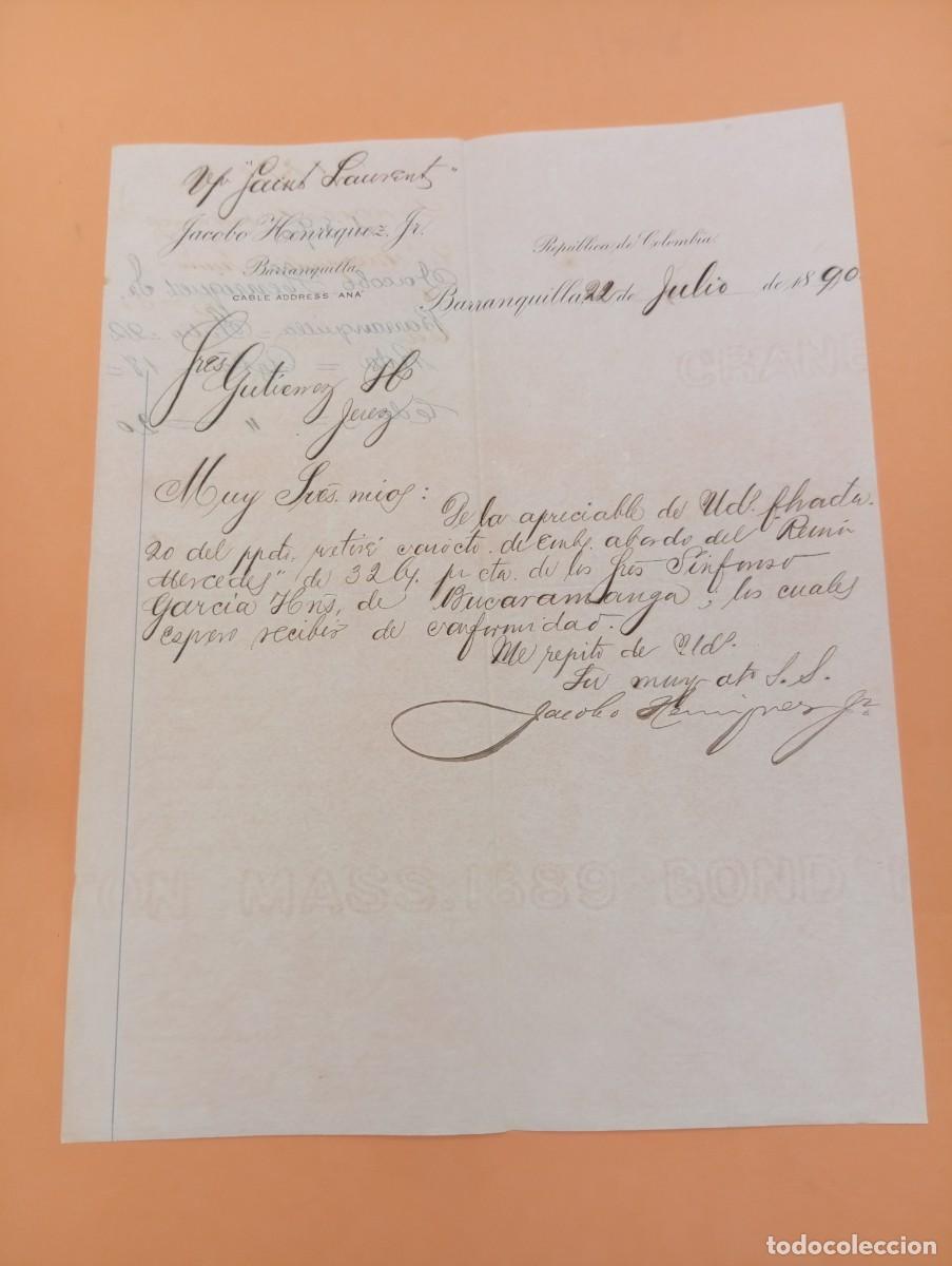 Cartas comerciales: CARTA COMERCIAL. BARRANQUILLA, COLOMBIA. 1890. JACOBO HENRIQUEZ.