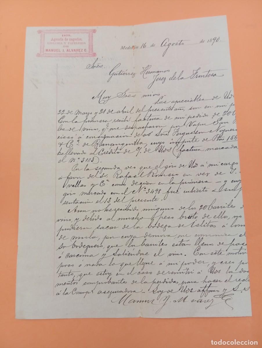 Cartas comerciales: CARTA COMERCIAL. MEDELLIN,COLOMBIA.1890. MANUEL J. ALVAREZ C. AGENCIA DE NEGOCIOS-LIBRERIA-PAPELERIA