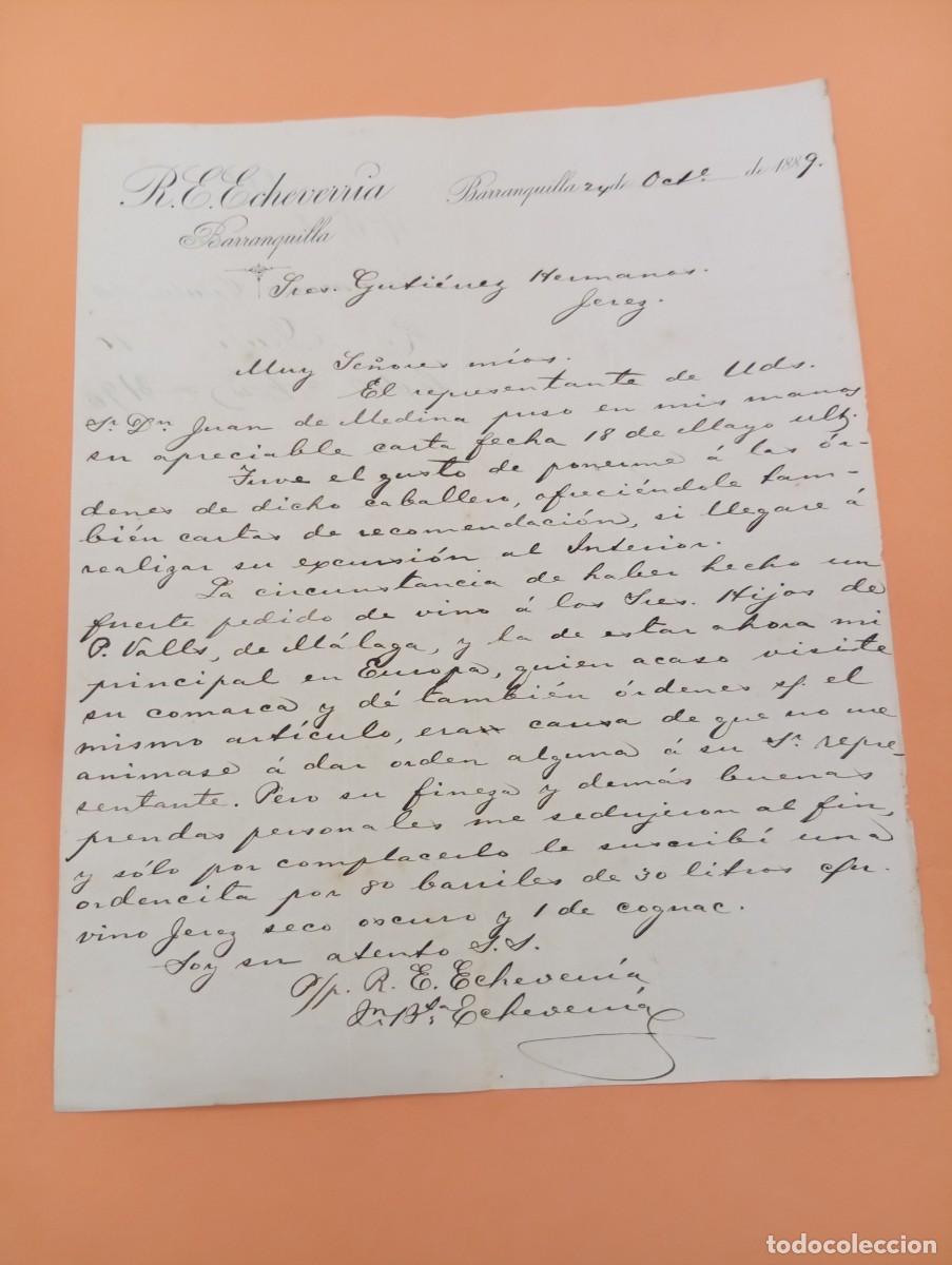 Cartas comerciales: CARTA COMERCIAL. BARRANQUILLA, COLOMBIA. 1889. R. E. ECHEVERR&Iacute;A.