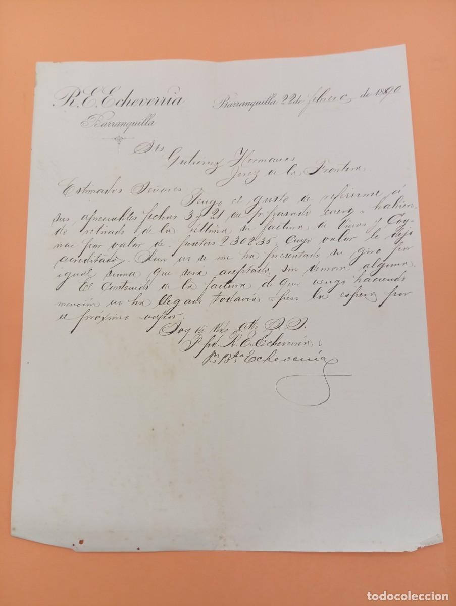 Cartas comerciales: CARTA COMERCIAL. BARRANQUILLA, COLOMBIA. 1890. R. E. ECHEVERR&Iacute;A.