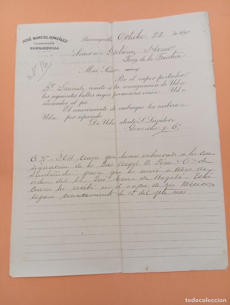 Cartas comerciales: CARTA COMERCIAL. BARRANQUILLA, COLOMBIA. 1890. JOSE MANUEL GONZALEZ. COMISIONISTA.