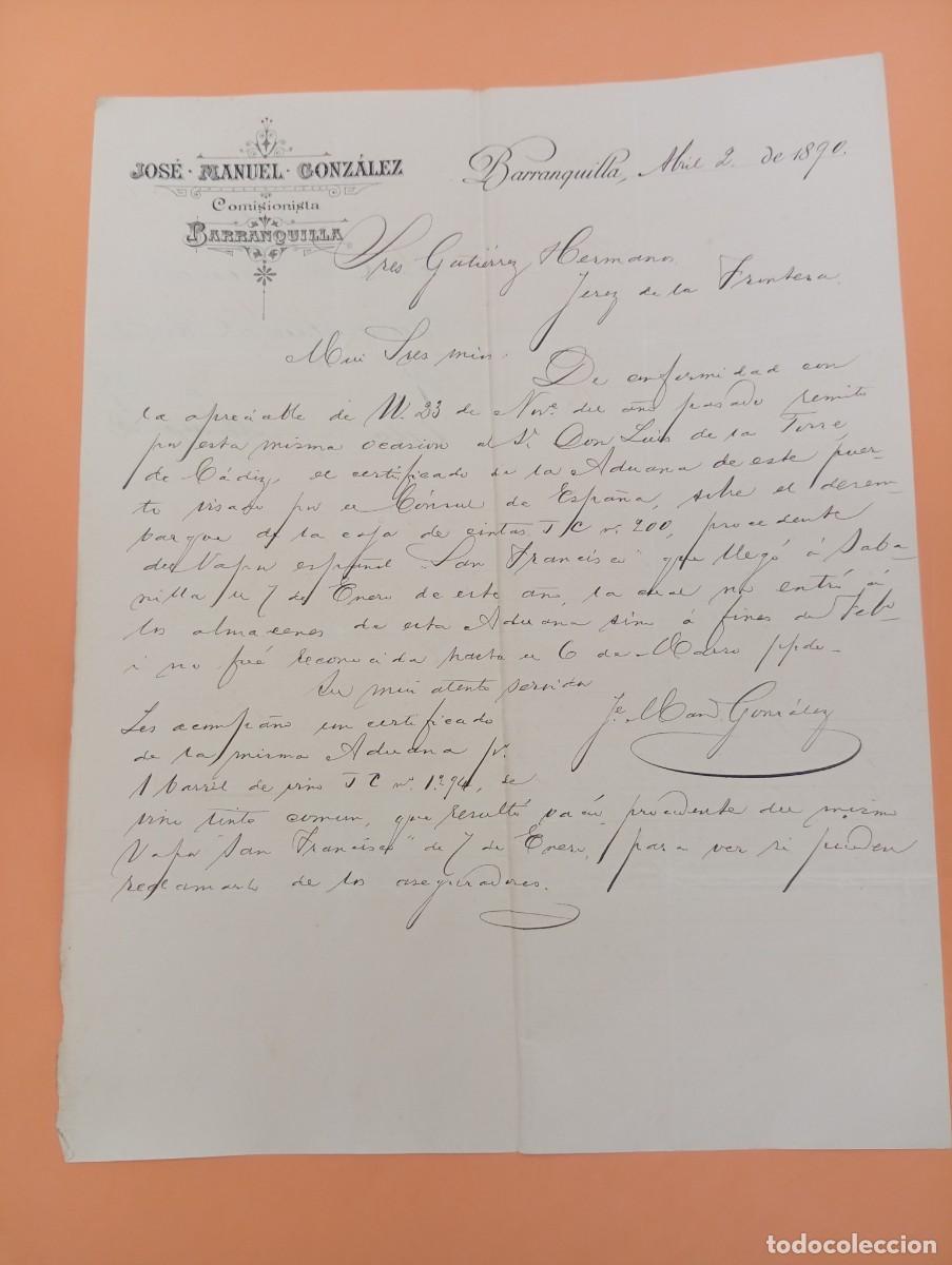 Cartas comerciales: CARTA COMERCIAL. BARRANQUILLA, COLOMBIA. 1890. JOSE MANUEL GONZALEZ. COMISIONISTA.