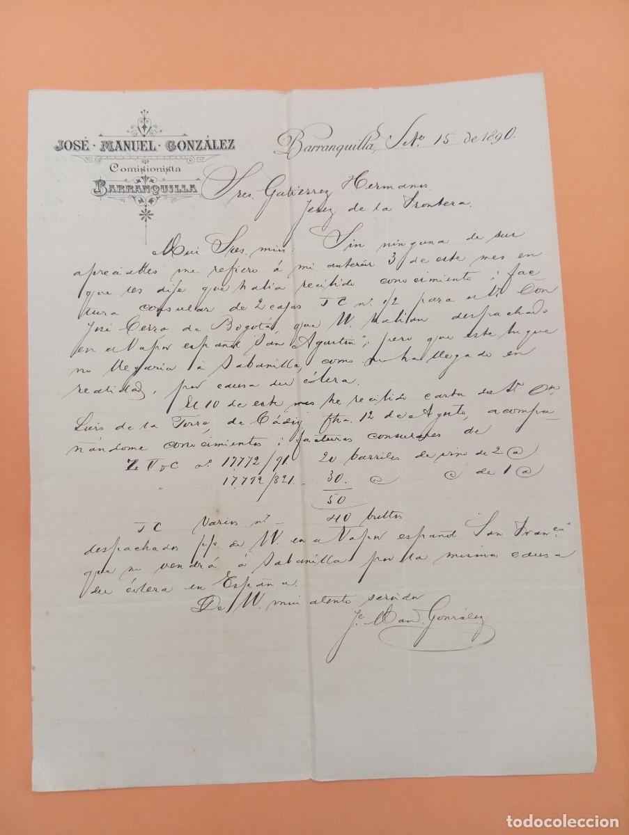 Cartas comerciales: CARTA COMERCIAL. BARRANQUILLA, COLOMBIA. 1890. JOSE MANUEL GONZALEZ. COMISIONISTA.