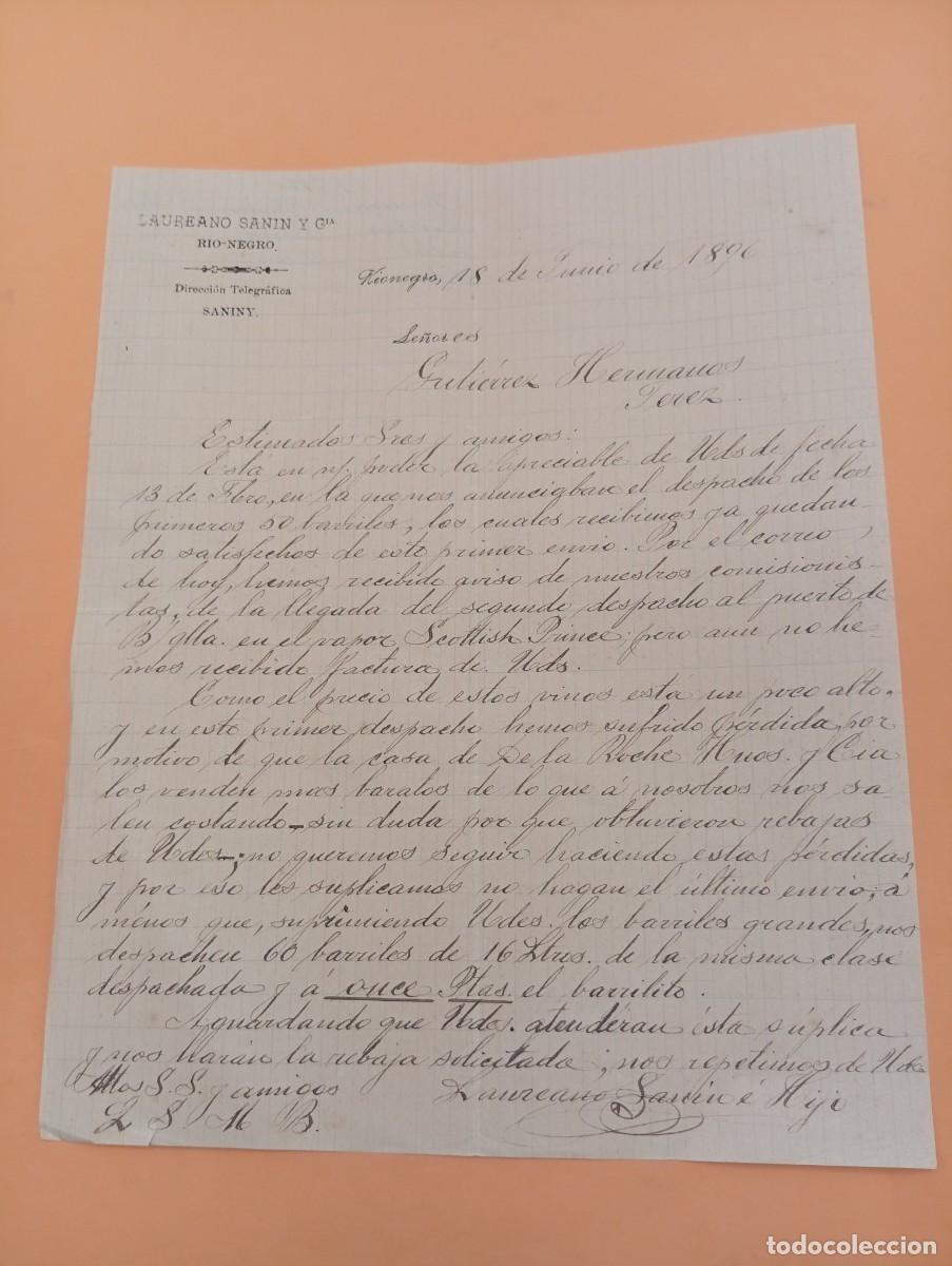 Cartas comerciales: CARTA COMERCIAL. RIO-NEGRO, COLOMBIA. 1896. LAUREANO SANIN Y C&ordf;.
