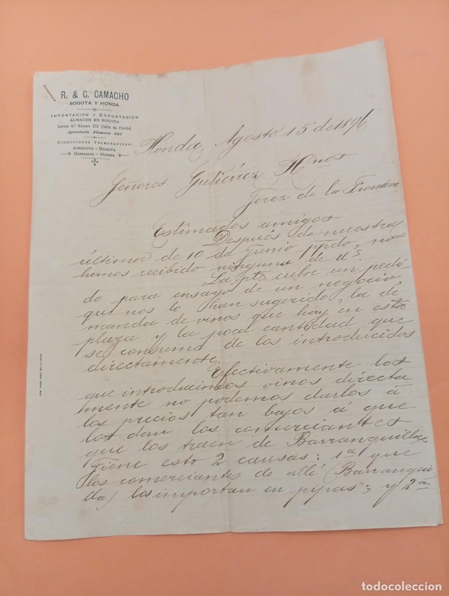 Cartas comerciales: CARTA COMERCIAL. HONDA, COLOMBIA. 1896. R & C. CAMACHO. IMPORTACION Y EXPORTACION. 2 HOJAS.