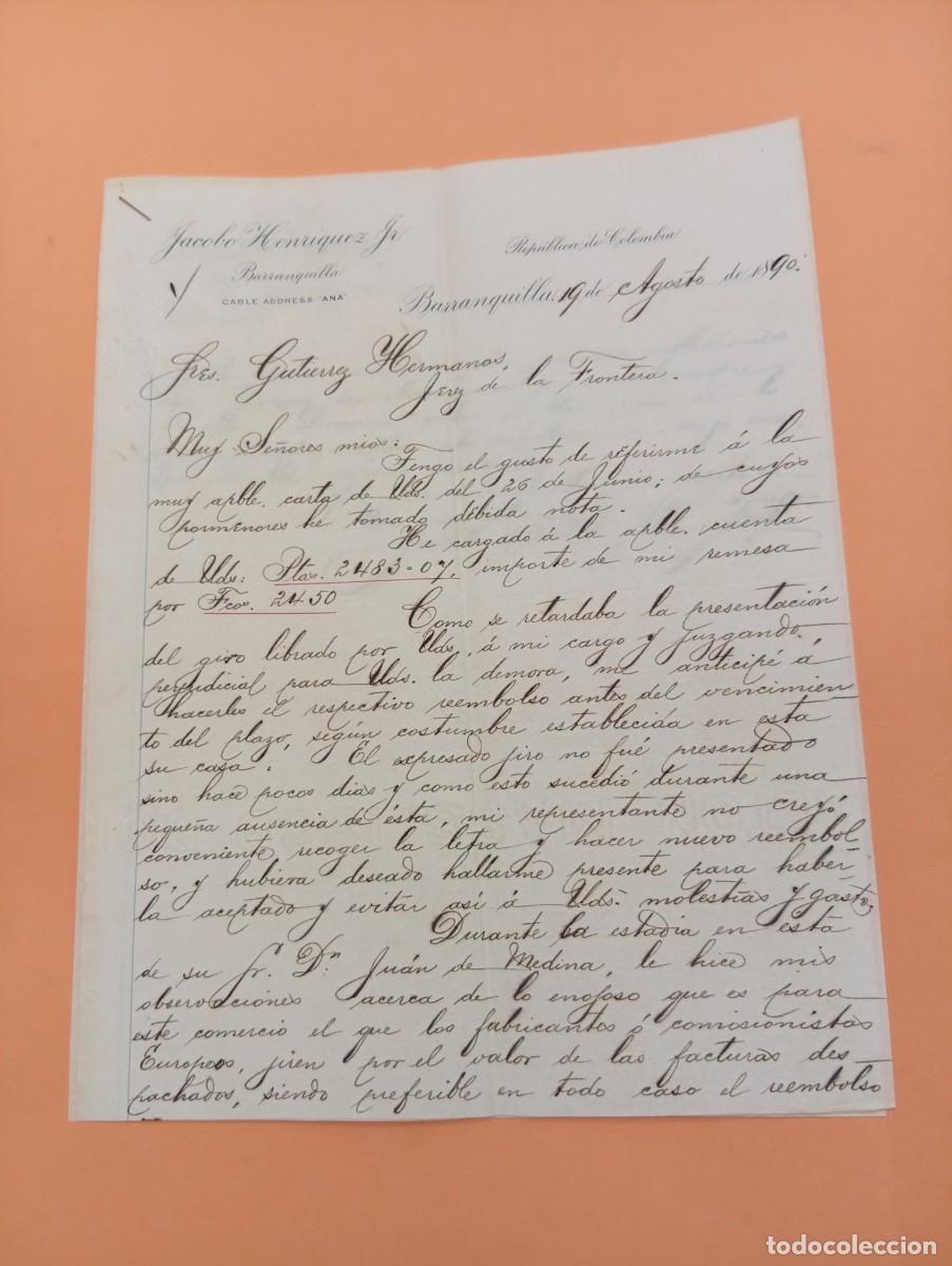 Cartas comerciales: CARTA COMERCIAL. BARRANQUILLA, COLOMBIA. 1890. JACOBO HENRIQUEZ. 2 HOJAS.