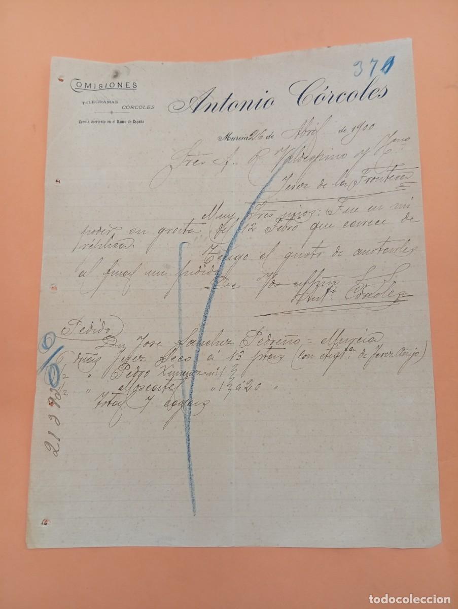 Cartas comerciales: CARTA COMERCIAL. MURCIA. 1900. ANTONIO CORCOLES. COMISIONES.