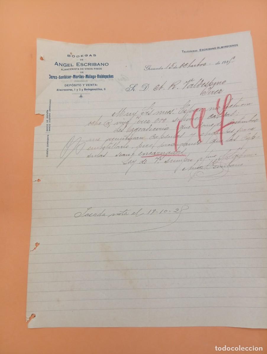Cartas comerciales: CARTA COMERCIAL. GRANADA. 1925. ALMACENISTA DE VINOS FINOS DE JEREZ. BODEGAS ANGEL ESCRIBANO.
