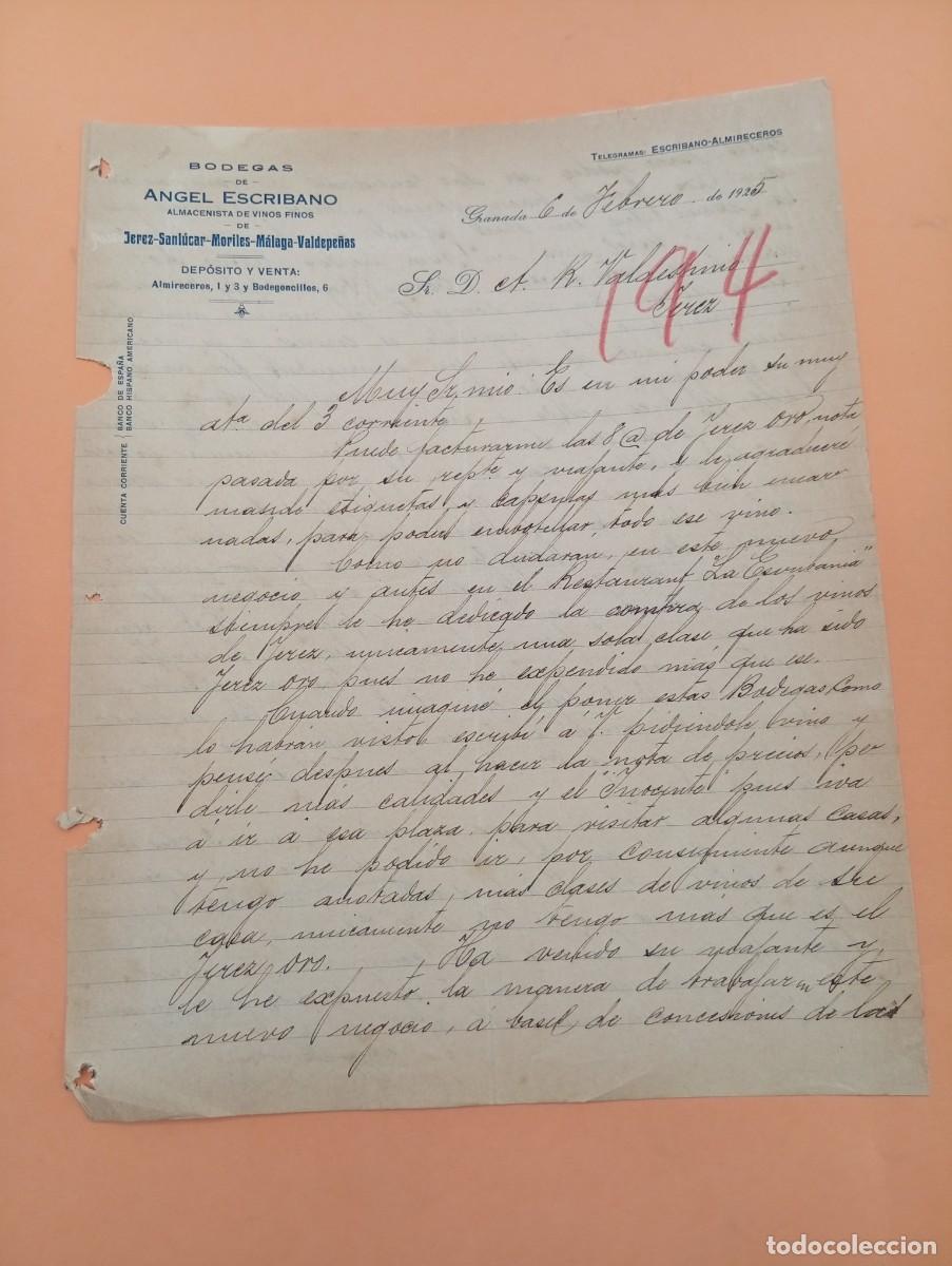 Cartas comerciales: CARTA COMERCIAL. GRANADA. 1925. ALMACENISTA DE VINOS FINOS DE JEREZ. BODEGAS ANGEL ESCRIBANO.