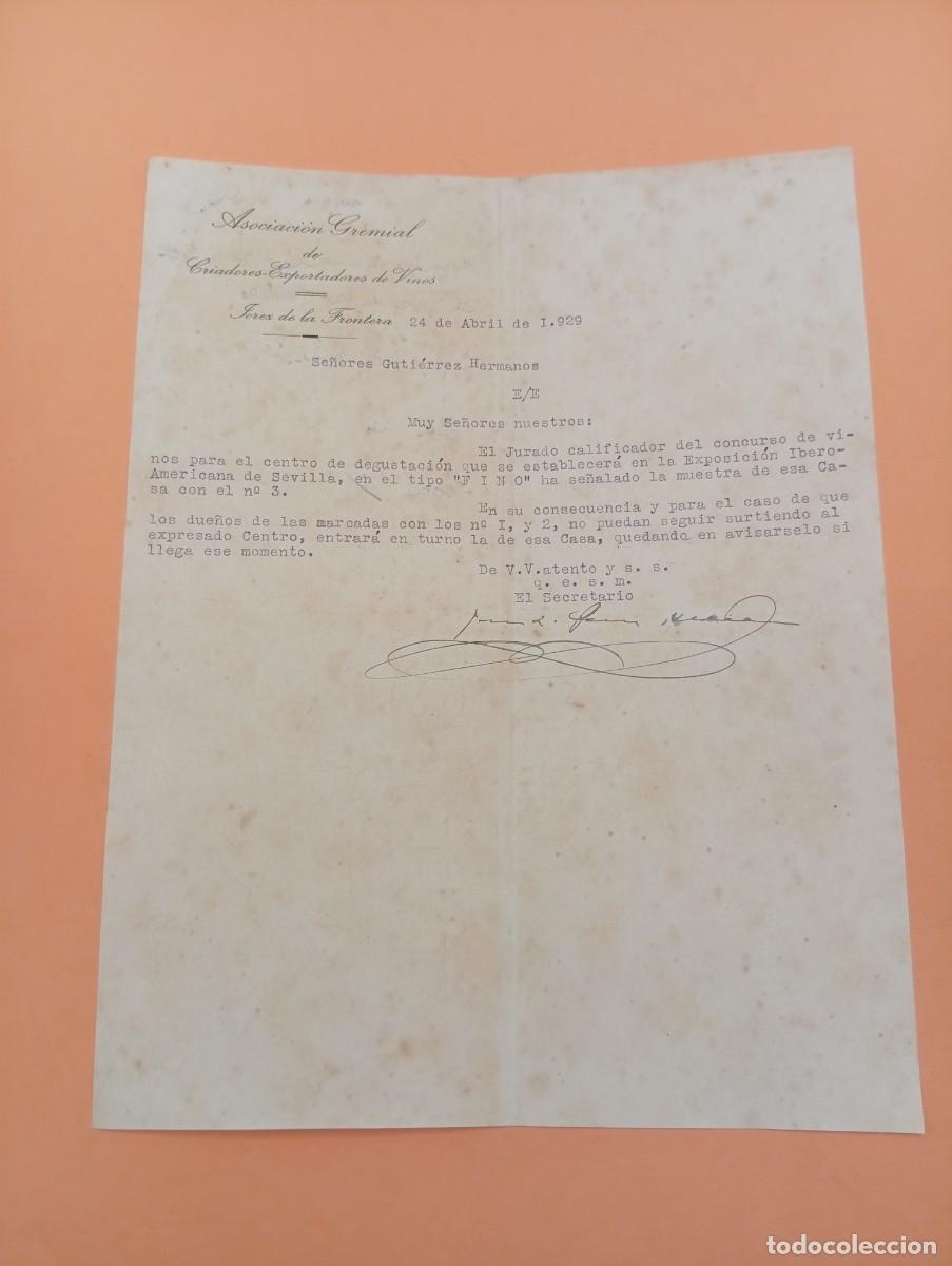 Cartas comerciales: CARTA COMERCIAL. JEREZ DE LA FRONTERA. 1929. ASOCIACION GREMIAL DE CRIADORES-EXPORTADORES DE VINOS.