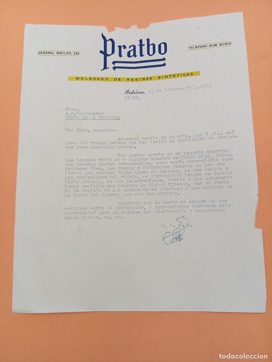 Cartas comerciales: CARTA COMERCIAL. BADALONA. 1958. MOLDEADO DE RESINAS SINTETICAS. PRATBO.
