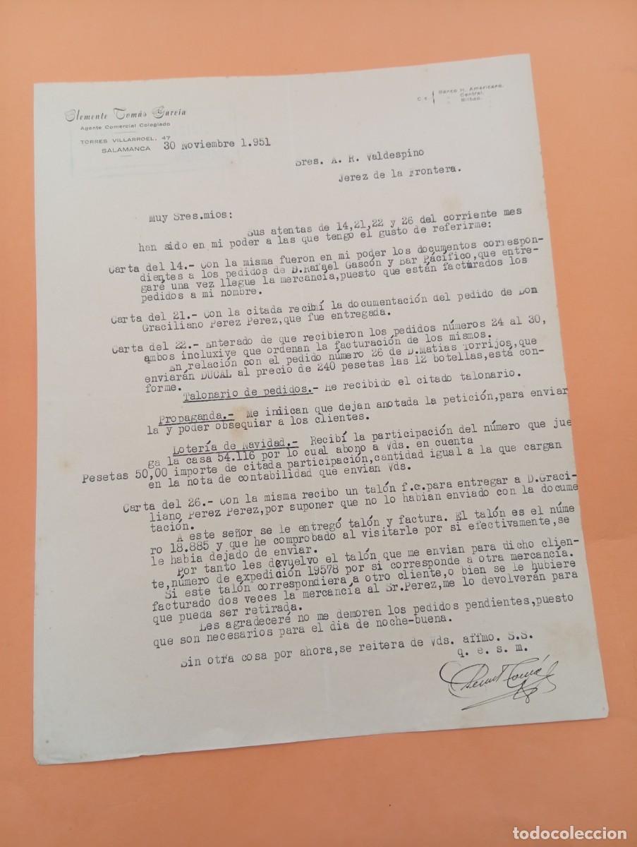 Cartas comerciales: CARTA COMERCIAL. SALAMANCA. 1951. CLEMENTE TOMAS GARCIA. AGENTE COMERCIAL COLEGIADO.