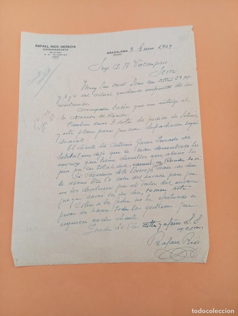 Cartas comerciales: CARTA COMERCIAL. GRAZALEMA, C&Aacute;DIZ. 1949. RAFAEL RIOS HEREDIA. REPRESENTANTE DE LA CASA VALDESPINO.