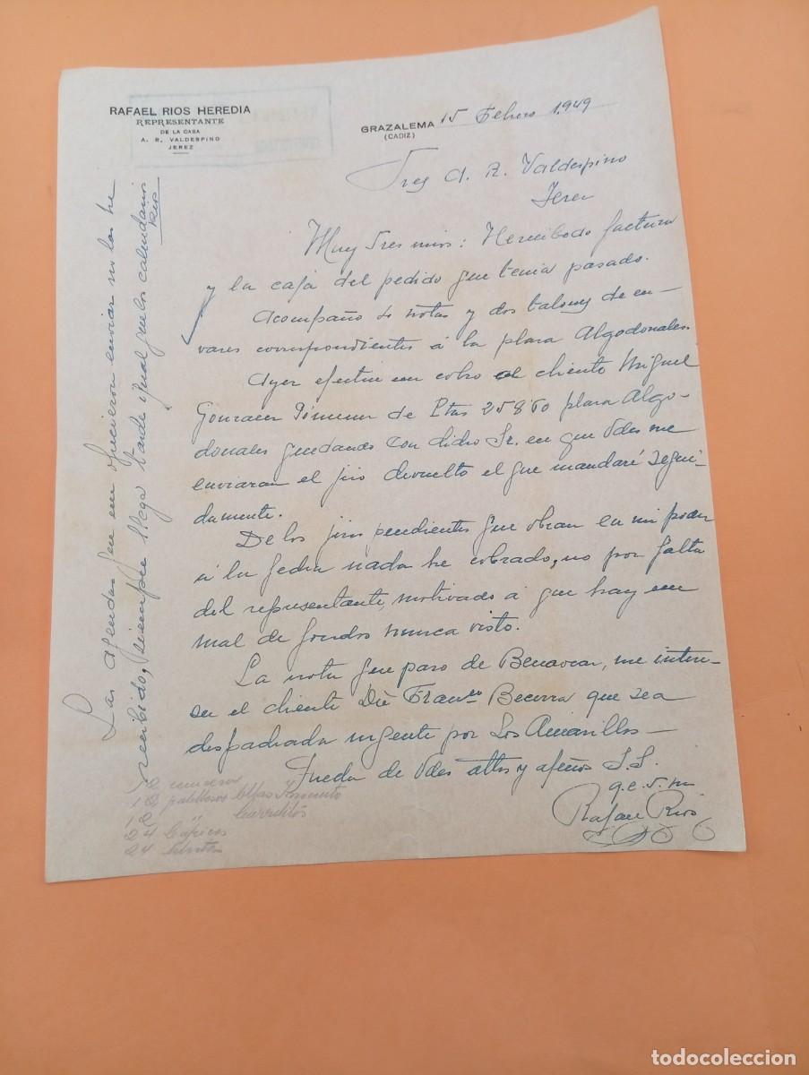 Cartas comerciales: CARTA COMERCIAL. GRAZALEMA, C&Aacute;DIZ. 1949. RAFAEL RIOS HEREDIA. REPRESENTANTE DE LA CASA VALDESPINO.