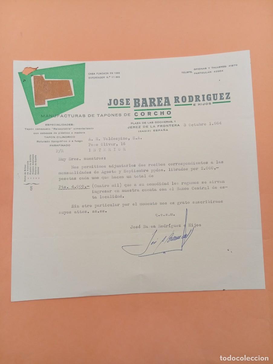 Cartas comerciales: CARTA COMERCIAL. JEREZ DE LA FRONTERA. 1964. MANUFACTURAS DE TAPONES DE CORCHO. JOSE BAREA RGUEZ.