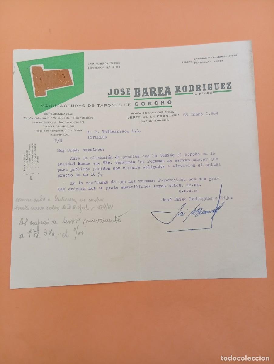 Cartas comerciales: CARTA COMERCIAL. JEREZ DE LA FRONTERA. 1964. MANUFACTURAS DE TAPONES DE CORCHO. JOSE BAREA RGUEZ.