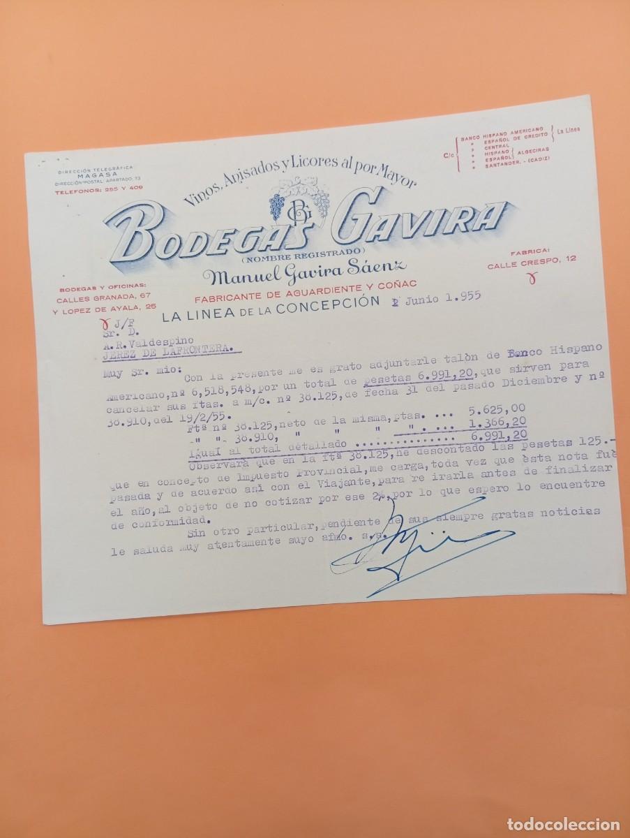 Cartas comerciales: CARTA COMERCIAL. LA LINEA DE LA CONCEPCION, C&Aacute;DIZ. 1955. BODEGAS GAVIRA. MANUEL GAVIRA SAENZ.