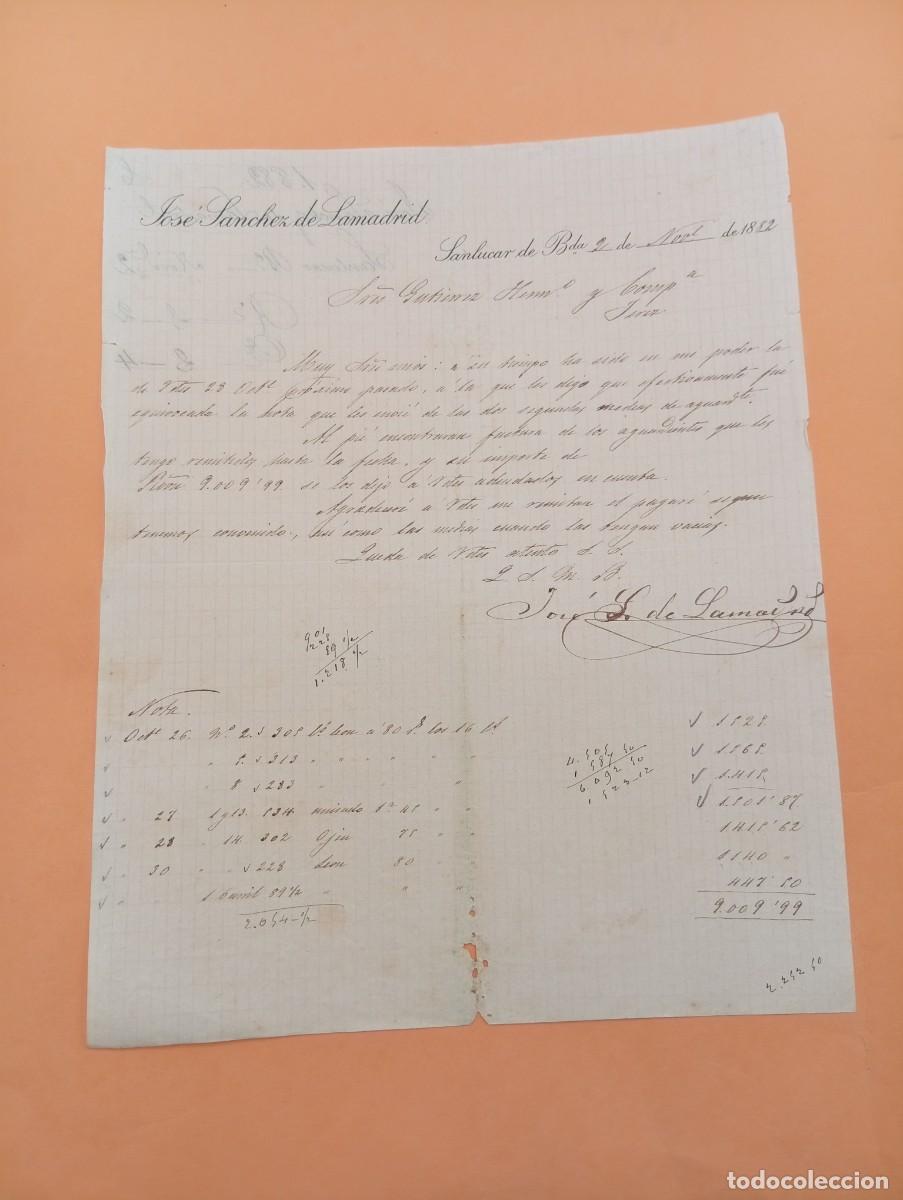 Cartas comerciales: CARTA COMERCIAL. SANLUCAR DE BARRAMEDA, C&Aacute;DIZ. 1882. JOSE SANCHEZ DE LAMADRID.