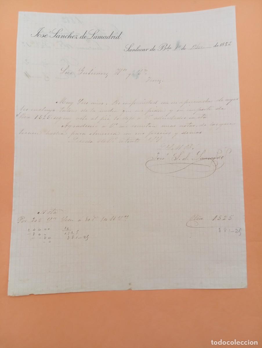 Cartas comerciales: CARTA COMERCIAL. SANLUCAR DE BARRAMEDA, C&Aacute;DIZ. 1882. JOSE SANCHEZ DE LAMADRID.
