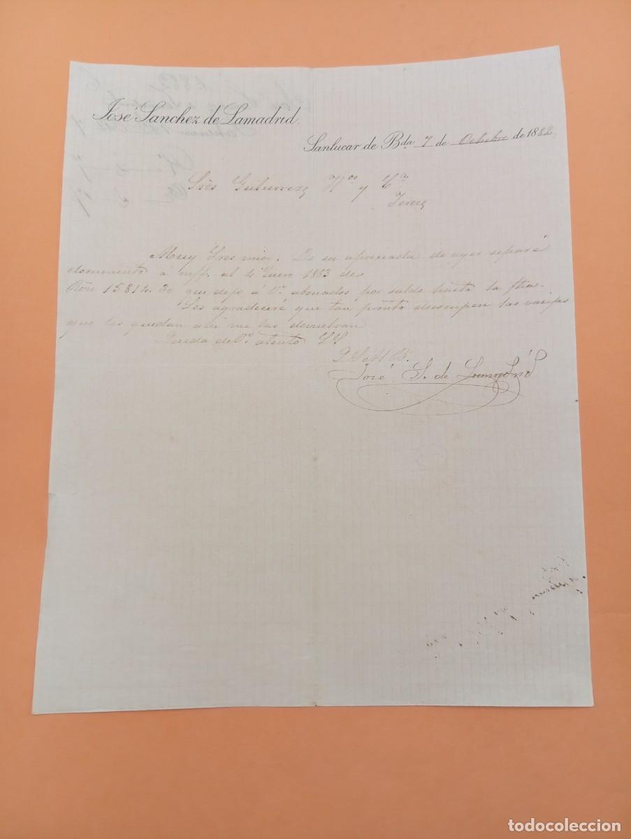 Cartas comerciales: CARTA COMERCIAL. SANLUCAR DE BARRAMEDA, C&Aacute;DIZ. 1882. JOSE SANCHEZ DE LAMADRID.