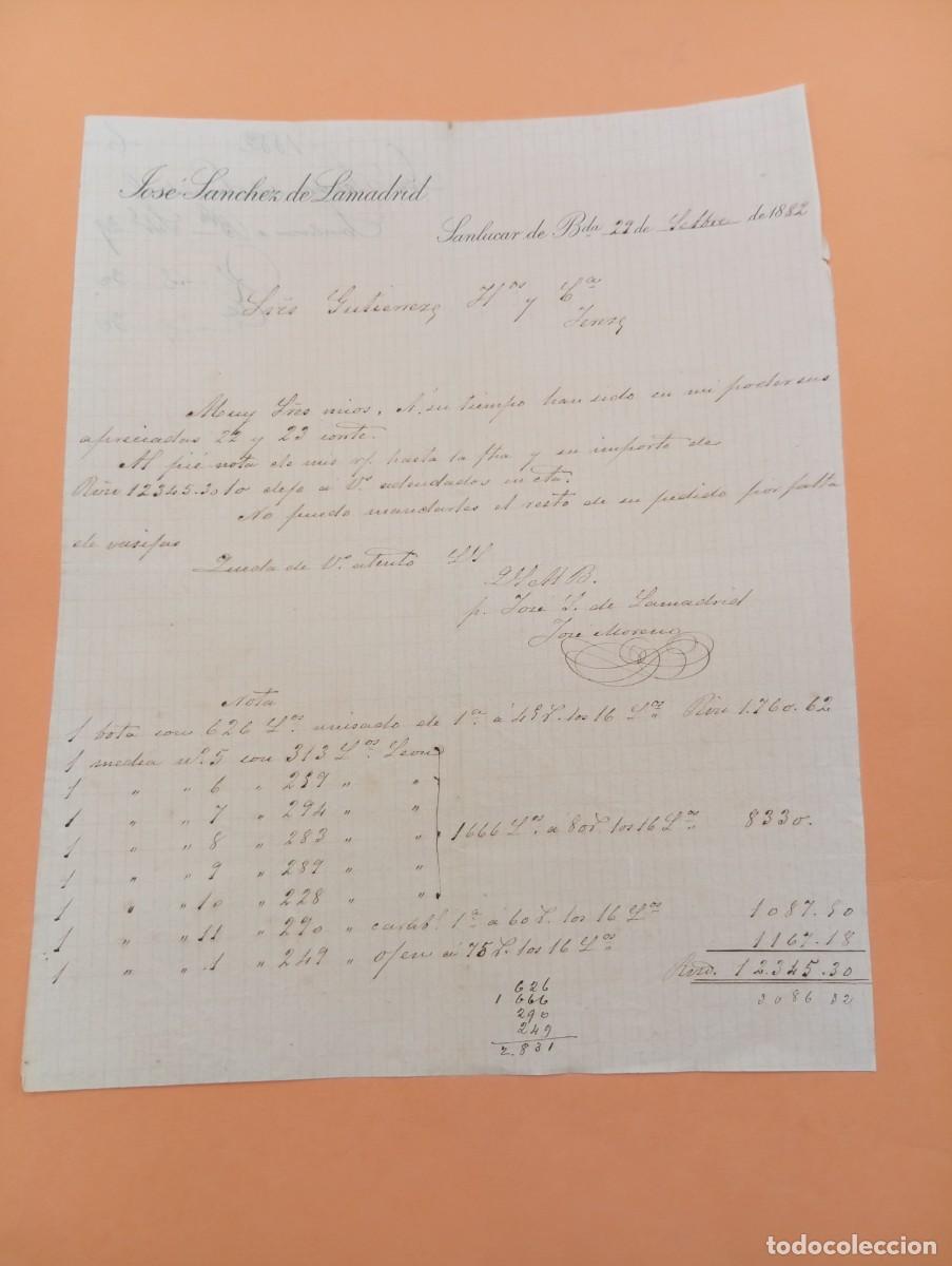 Cartas comerciales: CARTA COMERCIAL. SANLUCAR DE BARRAMEDA, C&Aacute;DIZ. 1882. JOSE SANCHEZ DE LAMADRID.