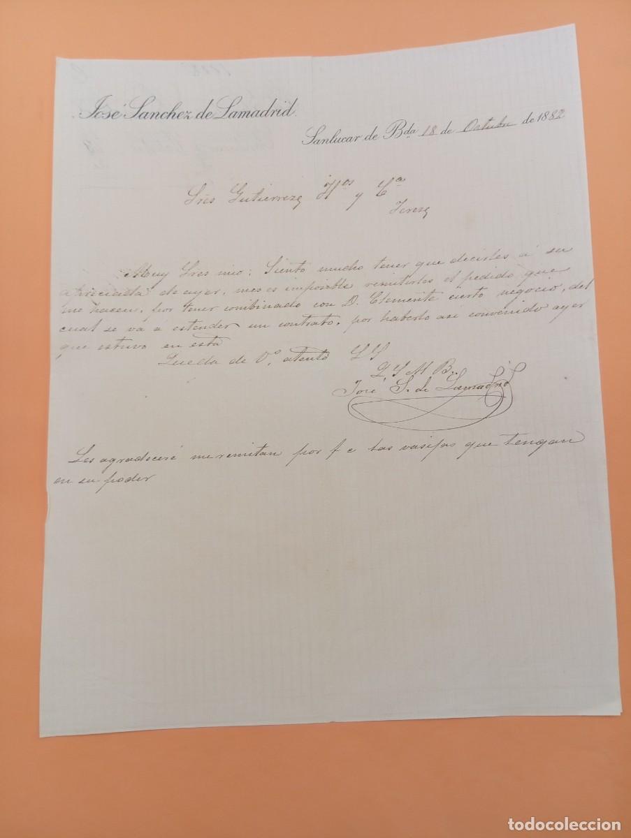 Cartas comerciales: CARTA COMERCIAL. SANLUCAR DE BARRAMEDA, C&Aacute;DIZ. 1882. JOSE SANCHEZ DE LAMADRID.