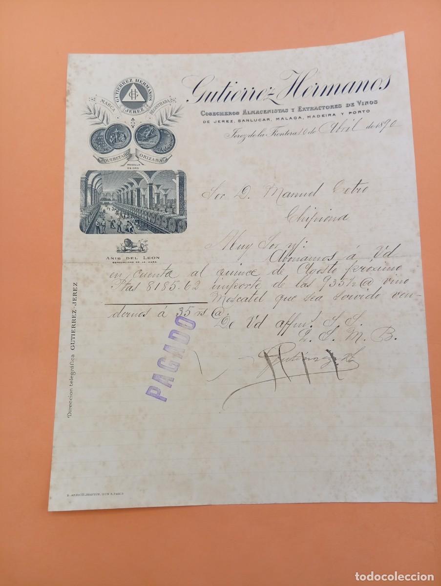 Cartas comerciales: CARTA COMERCIAL. JEREZ DE LA FRONTERA. 1890. GUTIERREZ HERMANOS. COSECHEROS-ALMACENISTAS DE VINOS.