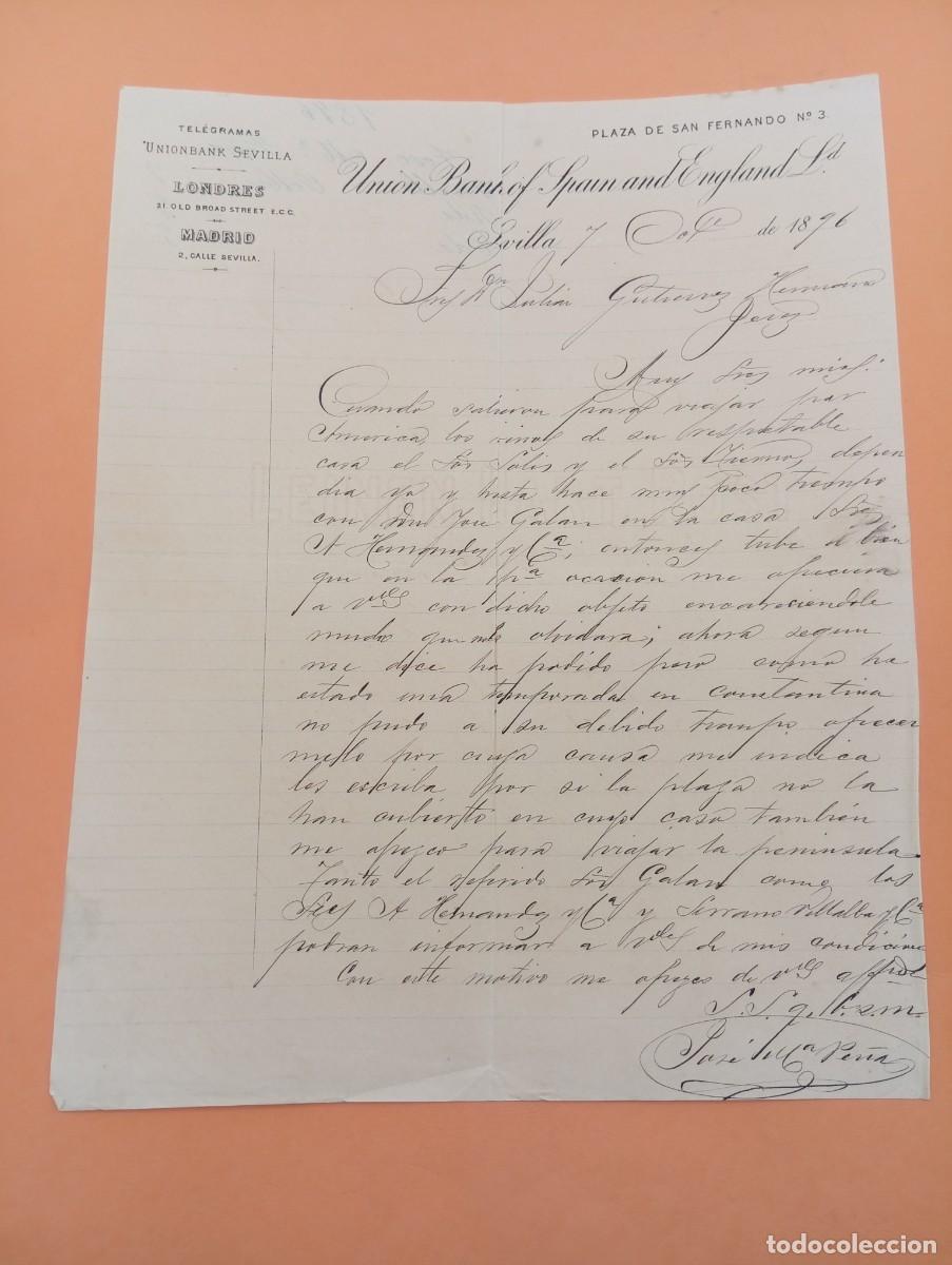 Cartas comerciales: CARTA COMERCIAL. SEVILLA. 1896. UNION BANK OF SPAIN AND ENGLAND LD.