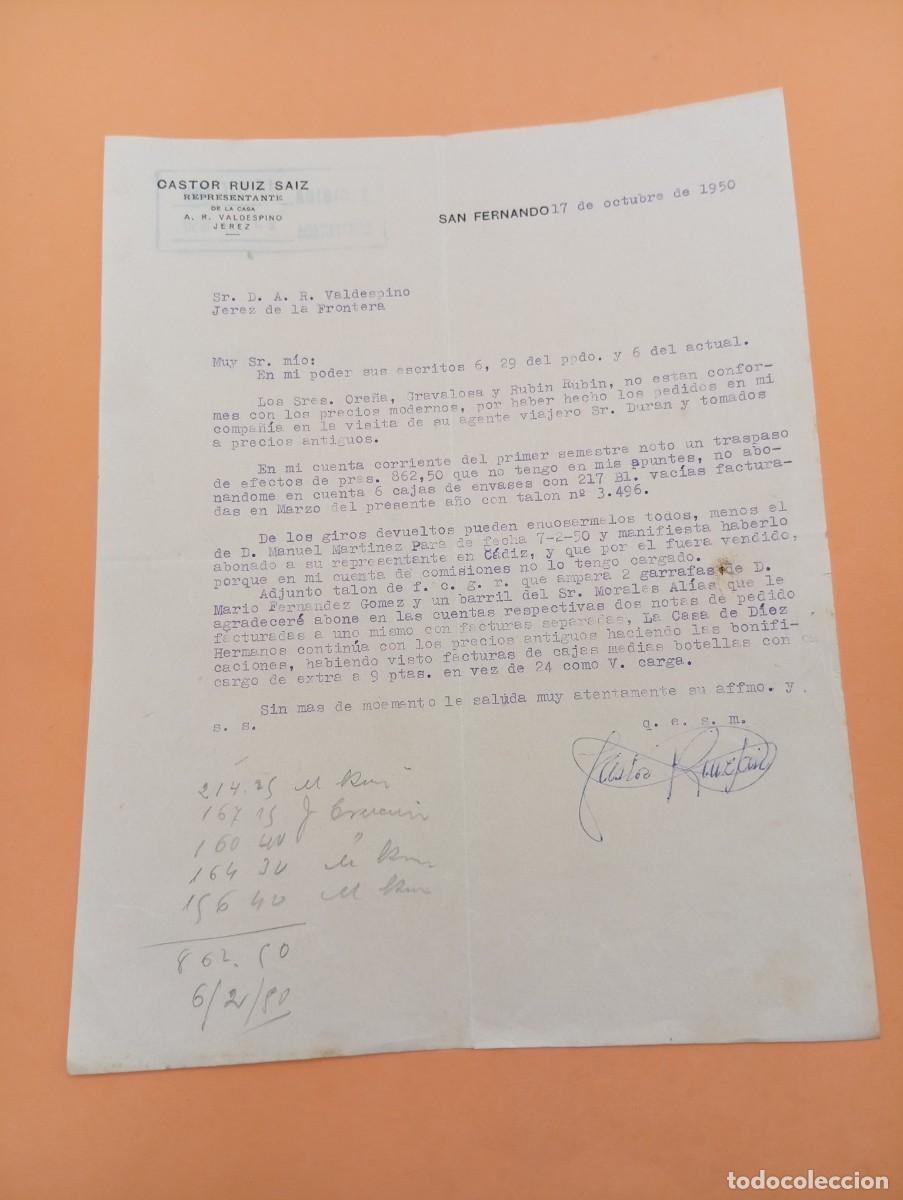 Cartas comerciales: CARTA COMERCIAL. SAN FERNANDO, C&Aacute;DIZ. 1950. CASTOR RUIZ SAIZ. REPRESENTANTE DE LA CASA VALDESPINO.
