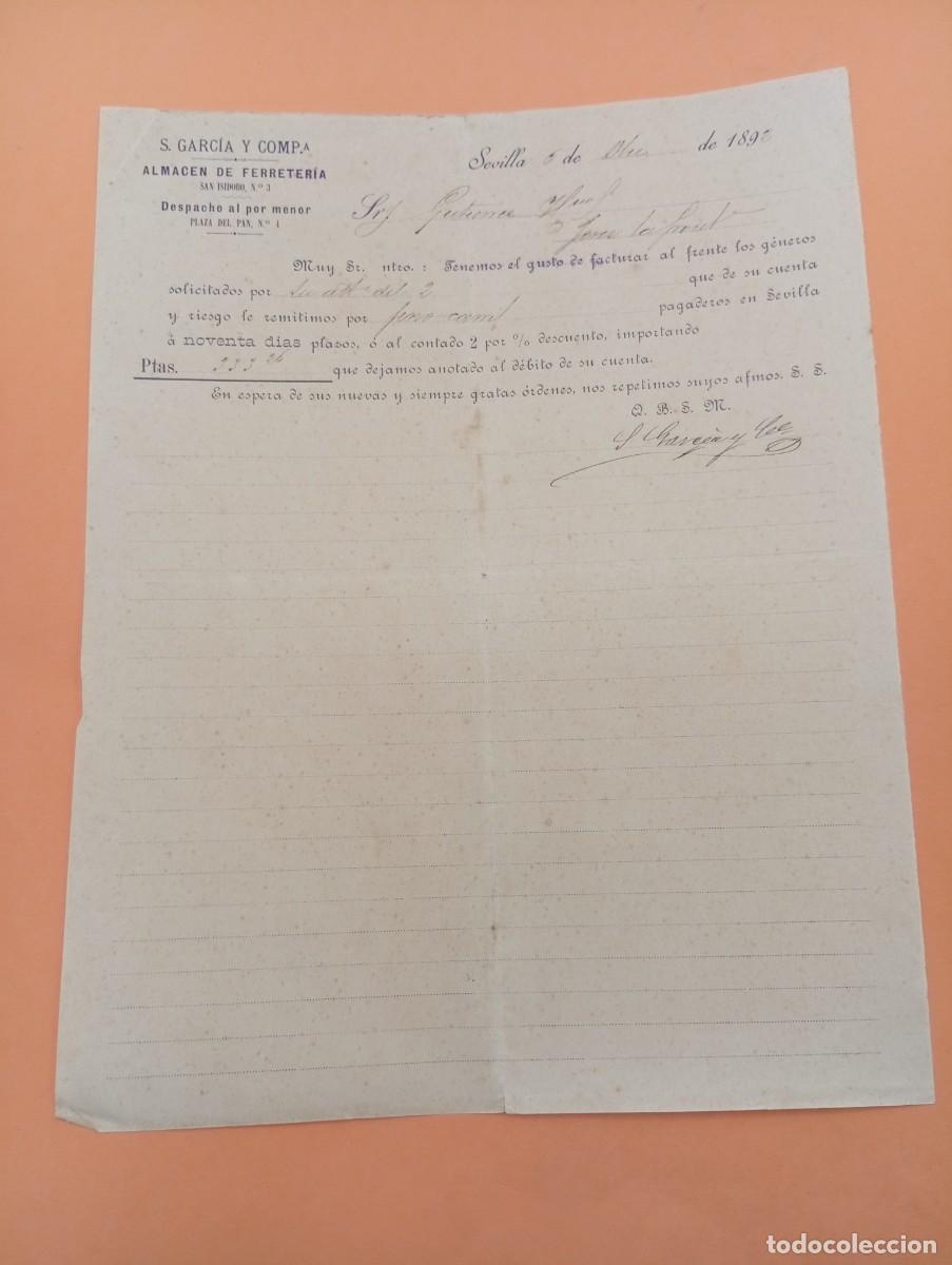 Cartas comerciales: CARTA COMERCIAL. SEVILLA. 1892. ALMACEN DE FERRETERIA. S. GARCIA Y C&ordf;.