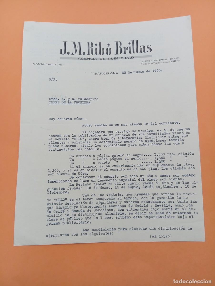 Cartas comerciales: CARTA COMERCIAL. BARCELONA. 1955. J. M. RIB&Oacute; BRILLAS. AGENCIA DE PUBLICIDAD.