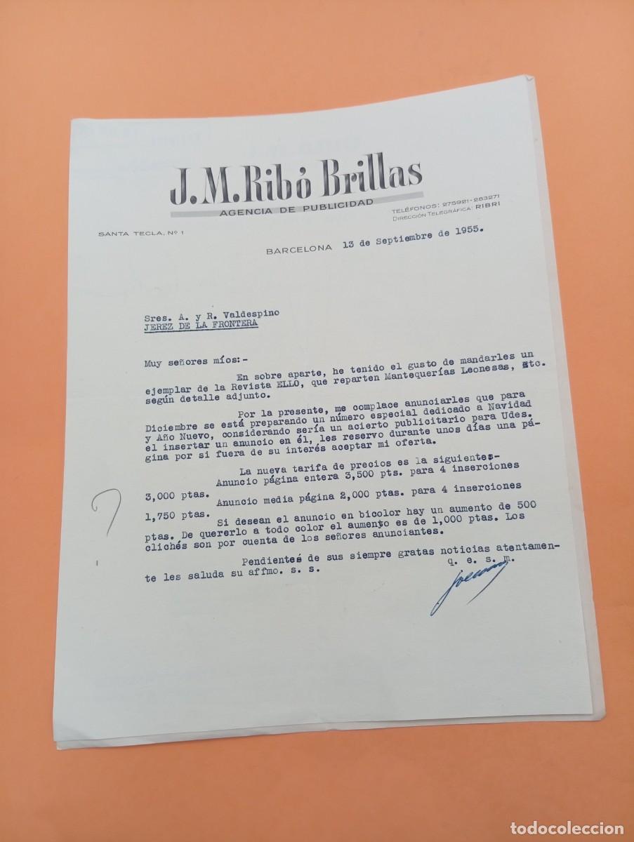 Cartas comerciales: CARTA COMERCIAL. BARCELONA. 1955. J. M. RIB&Oacute; BRILLAS. AGENCIA DE PUBLICIDAD. 2 HOJAS.