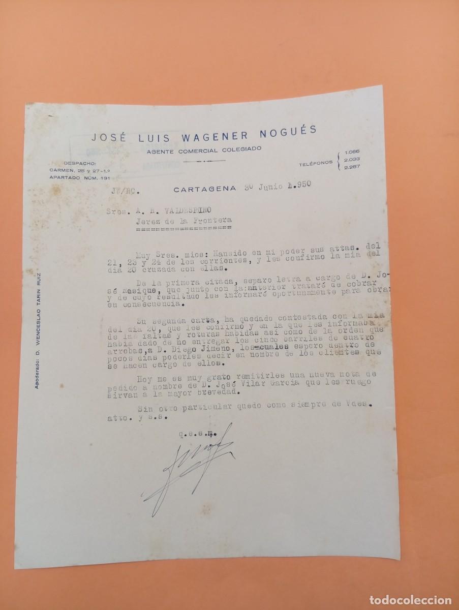 Cartas comerciales: CARTA COMERCIAL. CARTAGENA. 1950. JOSE LUIS WAGENER NOGUES. AGENTE COMERCIAL COLEGIADO.