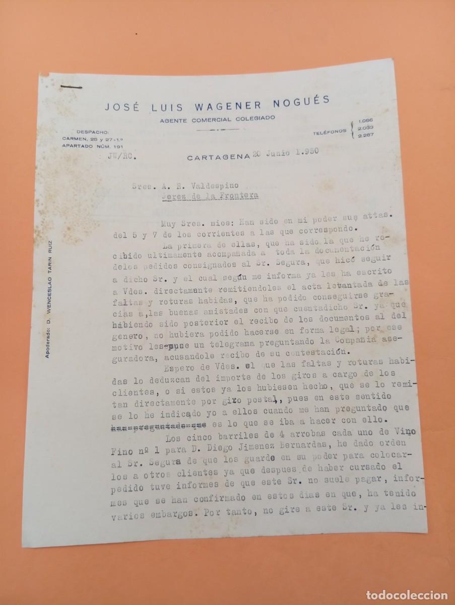 Cartas comerciales: CARTA COMERCIAL. CARTAGENA. 1950. JOSE LUIS WAGENER NOGUES. AGENTE COMERCIAL COLEGIADO.