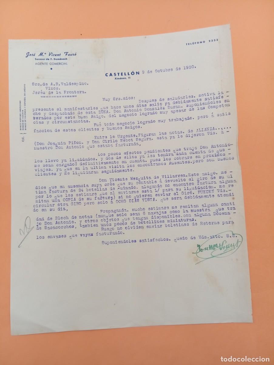 Cartas comerciales: CARTA COMERCIAL. CASTELLON. 1950. JOSE M&ordf;. VICENT FAUR&Oacute;. AGENTE COMERCIAL.