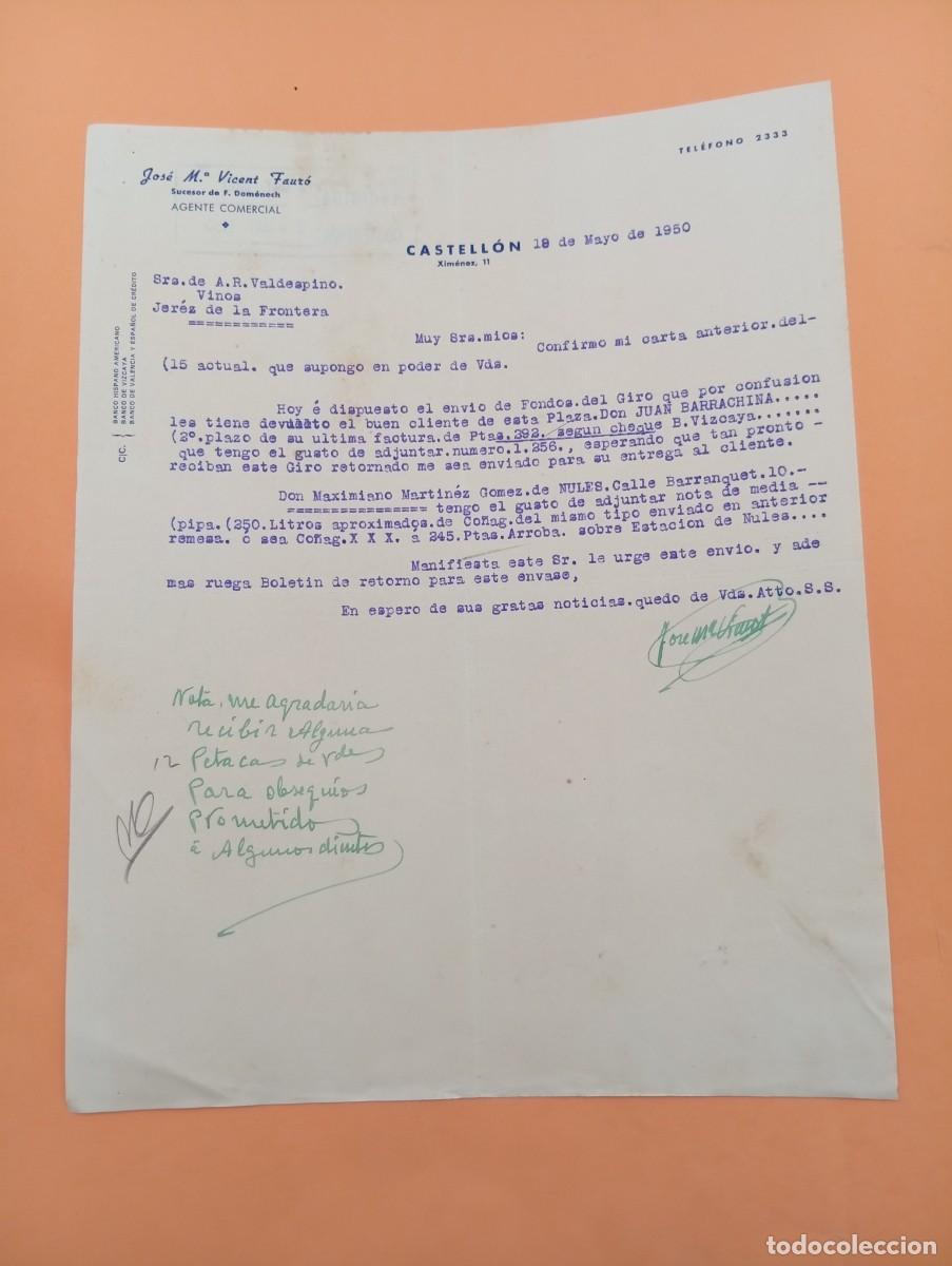 Cartas comerciales: CARTA COMERCIAL. CASTELLON. 1950. JOSE M&ordf;. VICENT FAUR&Oacute;. AGENTE COMERCIAL.