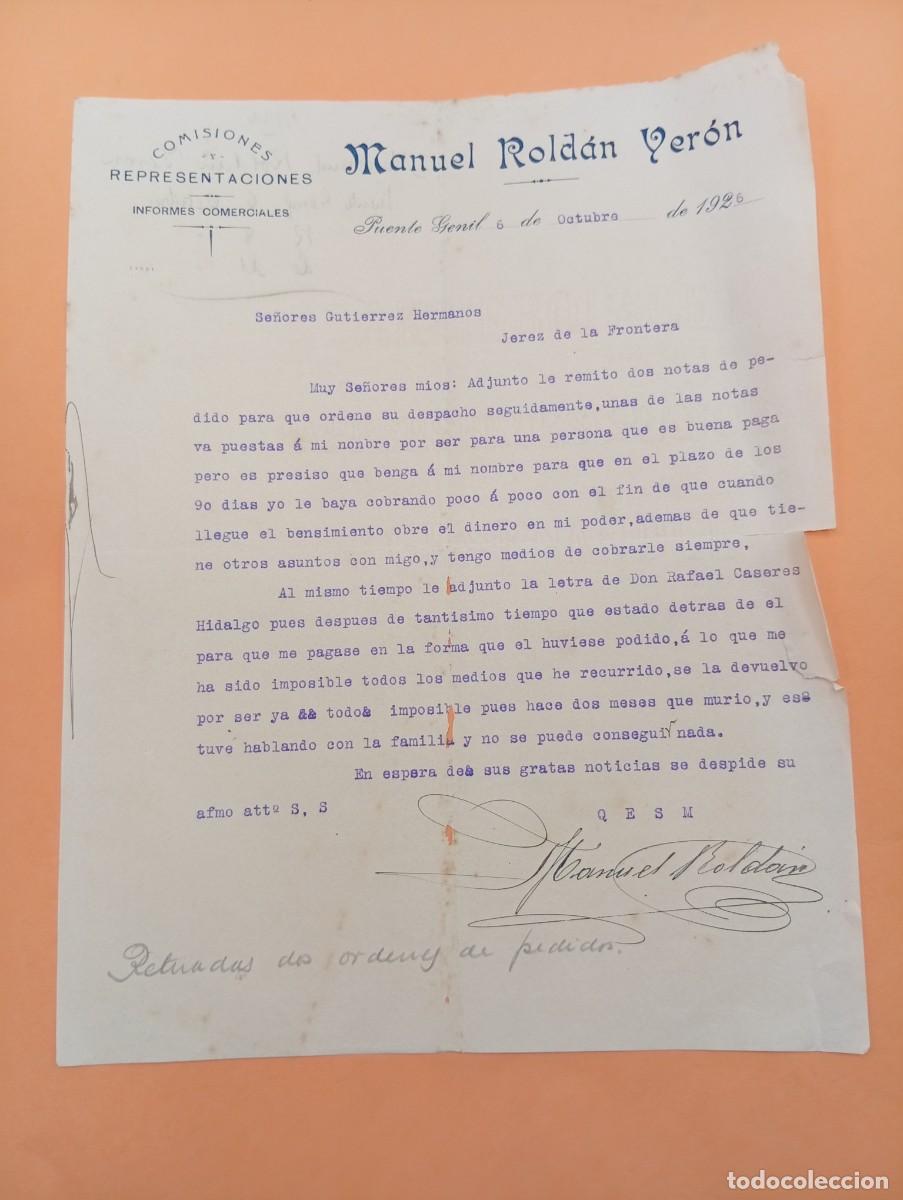 Cartas comerciales: CARTA COMERCIAL. PUENTE GENIL, C&Oacute;RDOBA. 1926. MANUEL ROLD&Aacute;N VER&Oacute;N. COMISIONES-REPRESENTACIONES.