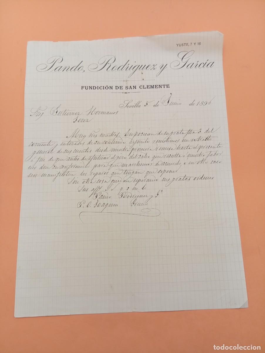 Cartas comerciales: CARTA COMERCIAL. SEVILLA. 1896. PANDO, RODRIGUEZ Y GARCIA. FUNDICION DE SAN CLEMENTE.