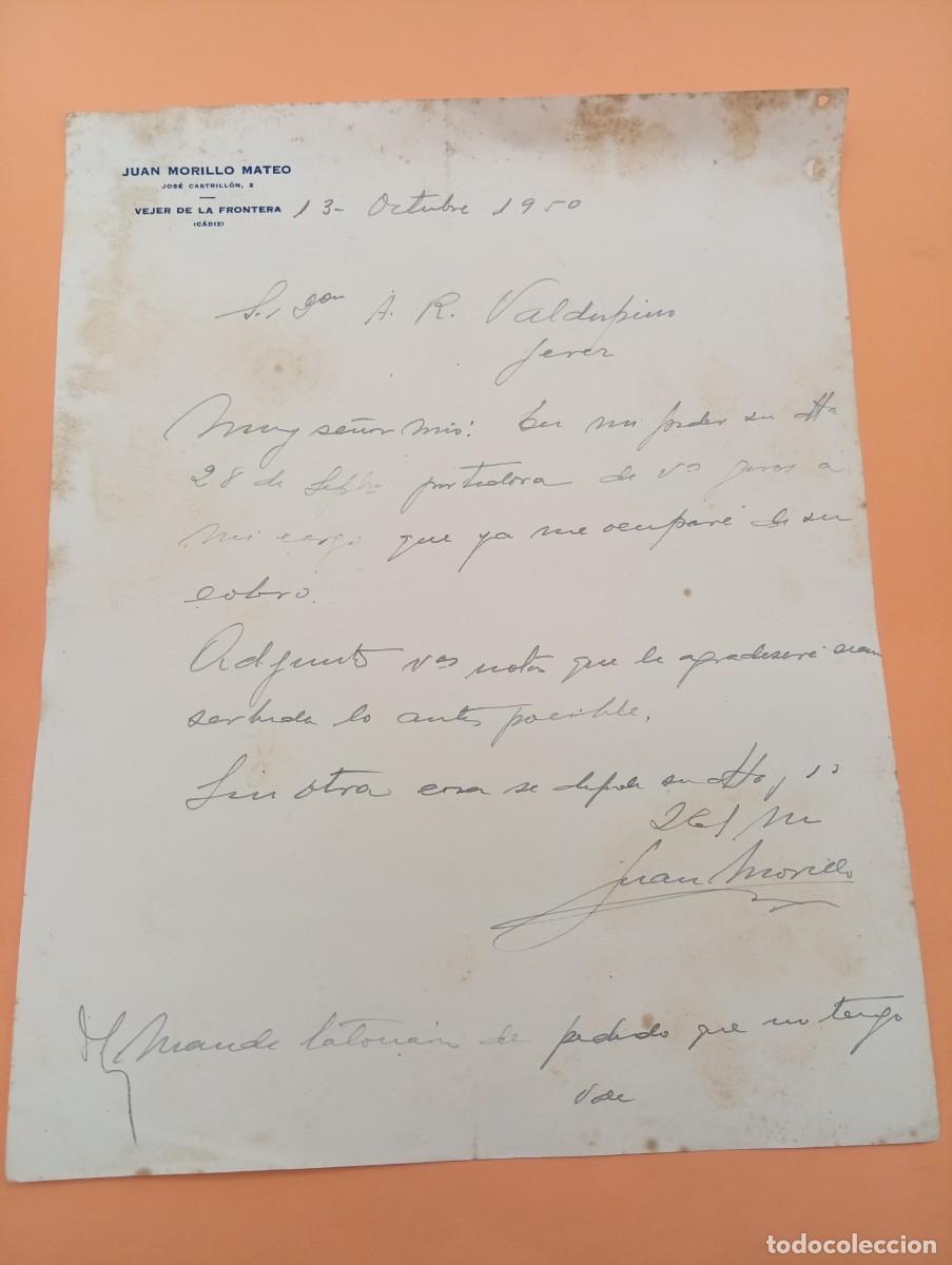 Cartas comerciales: CARTA COMERCIAL. VEJER DE LA FRONTERA, C&Aacute;DIZ. 1950. JUAN MORILLO MATEO.