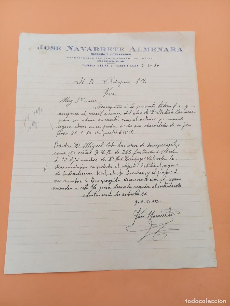 Cartas comerciales: CARTA COMERCIAL. SABIOTE, JAEN. 1950. MERCERIA Y ULTRAMARINOS. JOSE NAVARRETE ALMENARA.