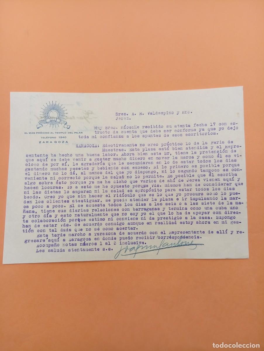 Cartas comerciales: CARTA COMERCIAL. ZARAGOZA. 1935. HOTEL EL SOL. MAS PROXIMO AL TEMPLO DEL PILAR.