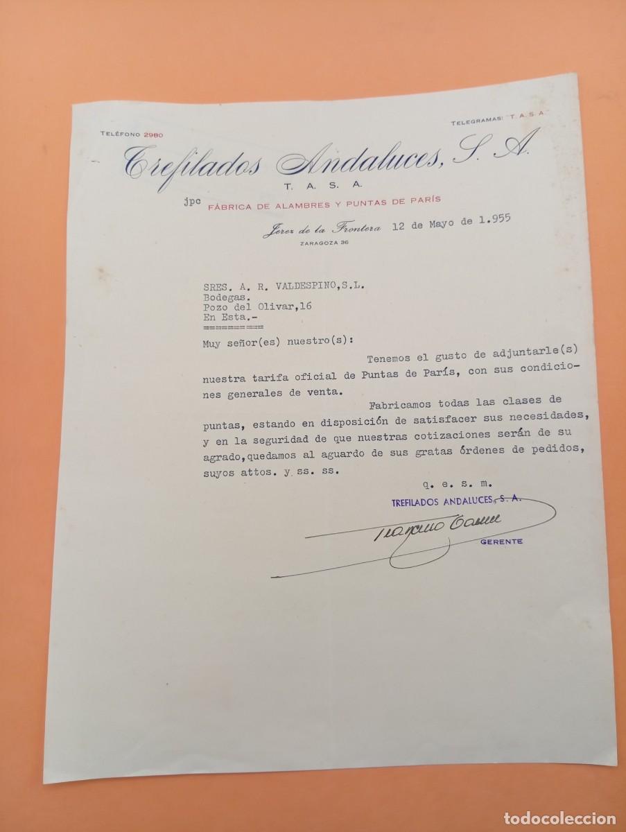 Cartas comerciales: CARTA COMERCIAL. JEREZ DE LA FRONTERA, 1955. FABRICA DE ALAMBRES. TREFILADOS ANDALUCES, S.A.