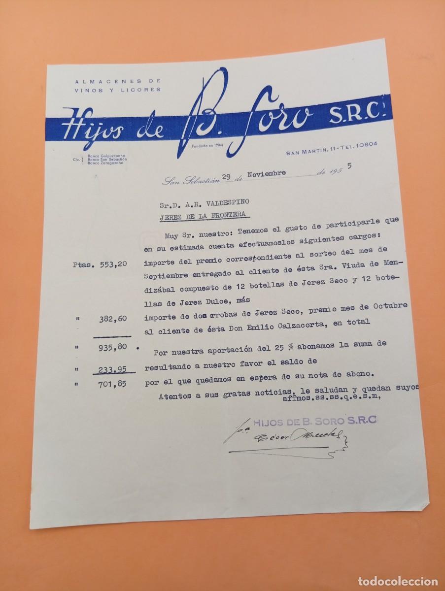 Cartas comerciales: CARTA COMERCIAL. SAN SEBASTIAN. 1955. ALMACENES DE VINOS-LICORES. HIJOS DE B. SORO. S.R.C.