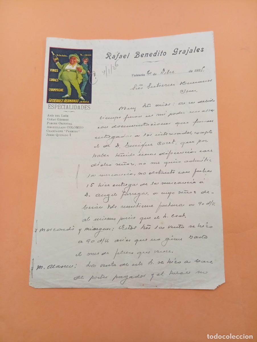 Cartas comerciales: CARTA COMERCIAL. VALENCIA. 1925. VINOS-CO&Ntilde;ACS-CHAMPAGNGE. RAFAEL BENEDITO GRAJALES.