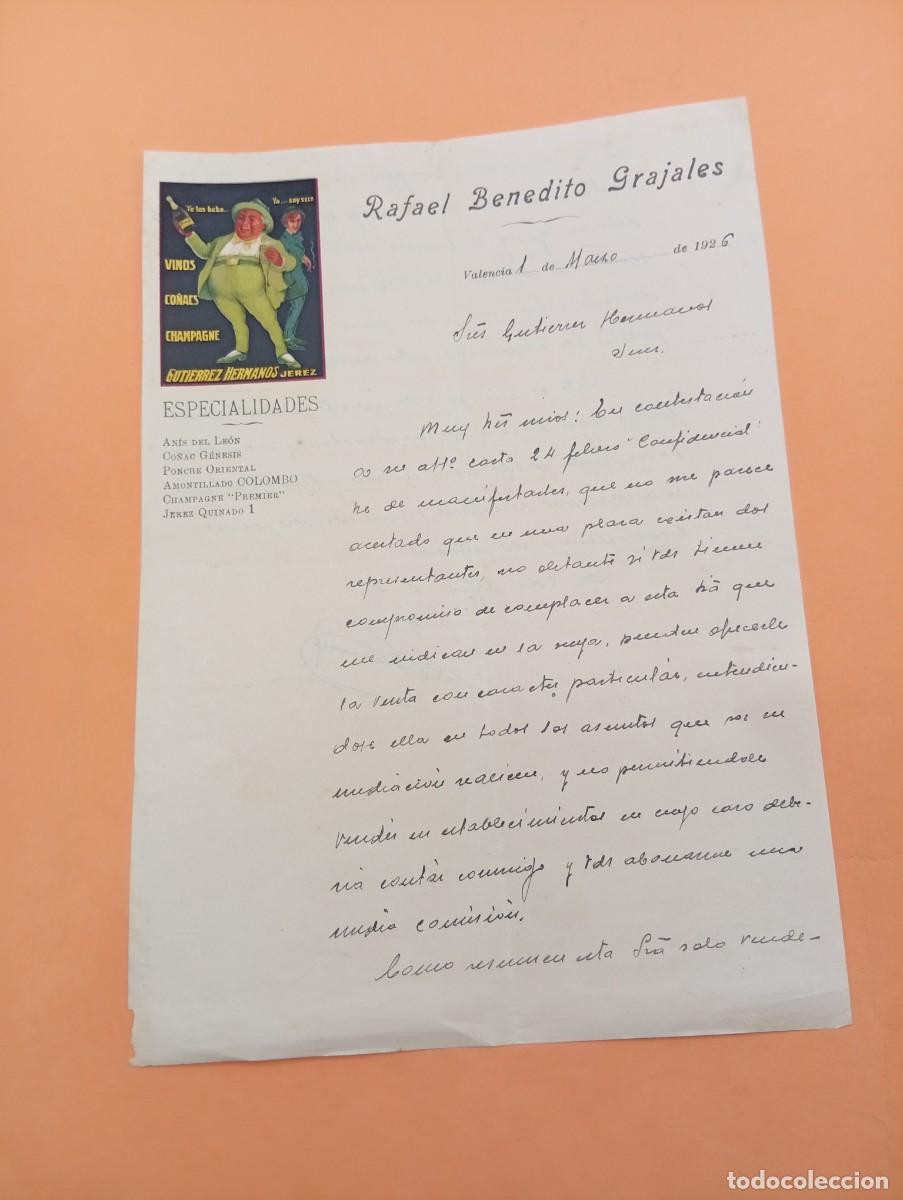 Cartas comerciales: CARTA COMERCIAL. VALENCIA. 1926. VINOS-CO&Ntilde;ACS-CHAMPAGNGE. RAFAEL BENEDITO GRAJALES.