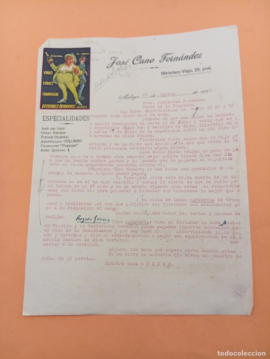 Cartas comerciales: CARTA COMERCIAL. MALAGA. 1926. VINOS-CO&Ntilde;ACS-CHAMPAGNGE. JOSE CANO FERNANDEZ.