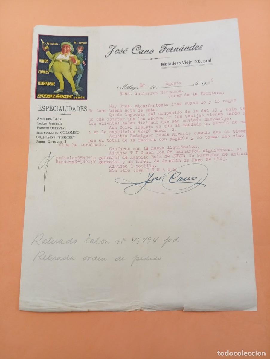 Cartas comerciales: CARTA COMERCIAL. MALAGA. 1926. VINOS-CO&Ntilde;ACS-CHAMPAGNGE. JOSE CANO FERNANDEZ.