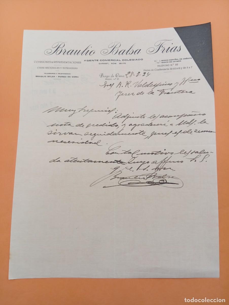Cartas comerciales: CARTA COMERCIAL. BURGO DE OSMA, SORIA. 1934. BRAULIO BALSA FRIAS. AGENTE COMERCIAL COLEGIADO.