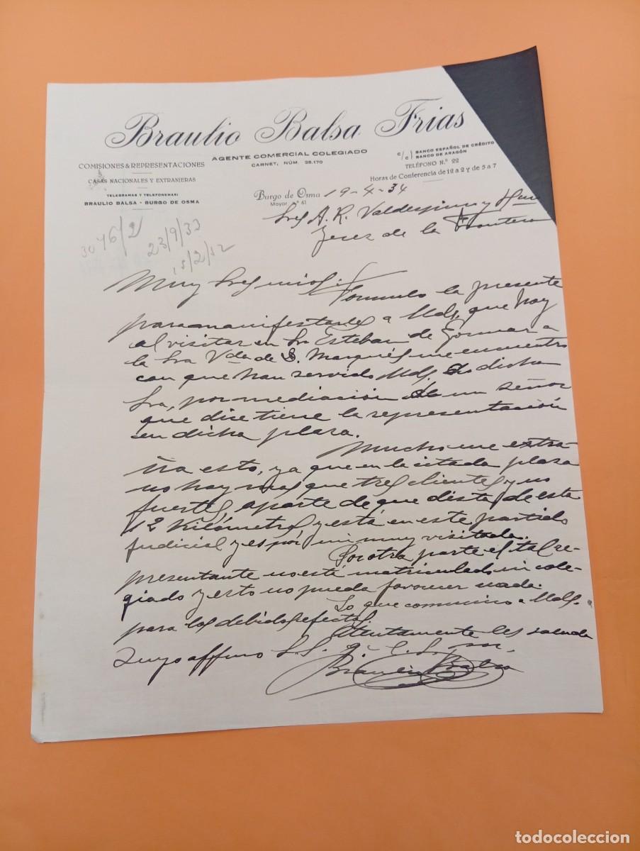 Cartas comerciales: CARTA COMERCIAL. BURGO DE OSMA, SORIA. 1934. BRAULIO BALSA FRIAS. AGENTE COMERCIAL COLEGIADO.